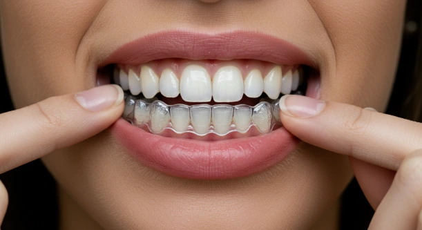 Clear Invisalign aligners on teeth