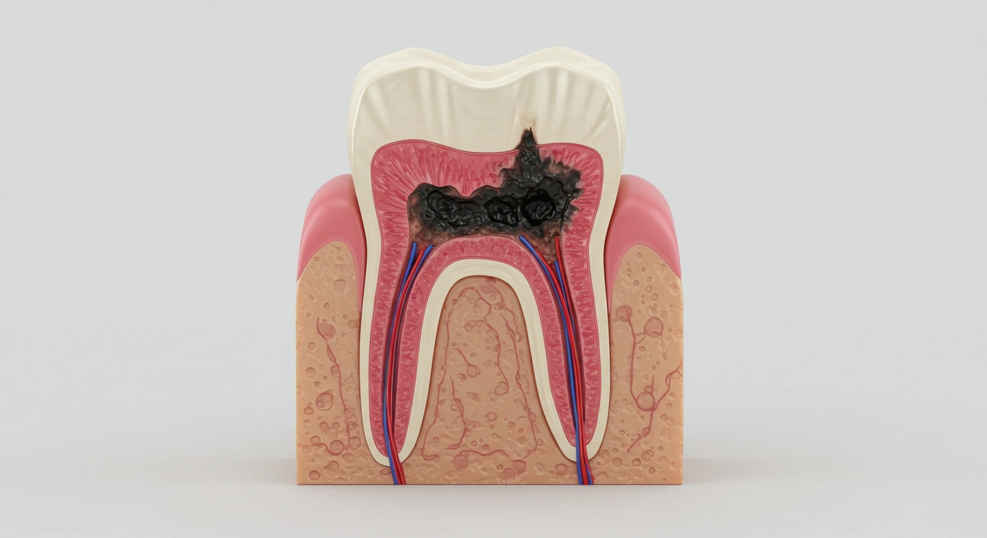 Tooth decay treatment showing deep cavities and dental cleaning procedure