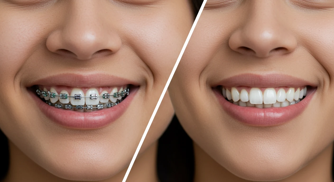 Young adult receiving Invisalign treatment in a modern dental clinic, smiling confidently in the dentist's chair