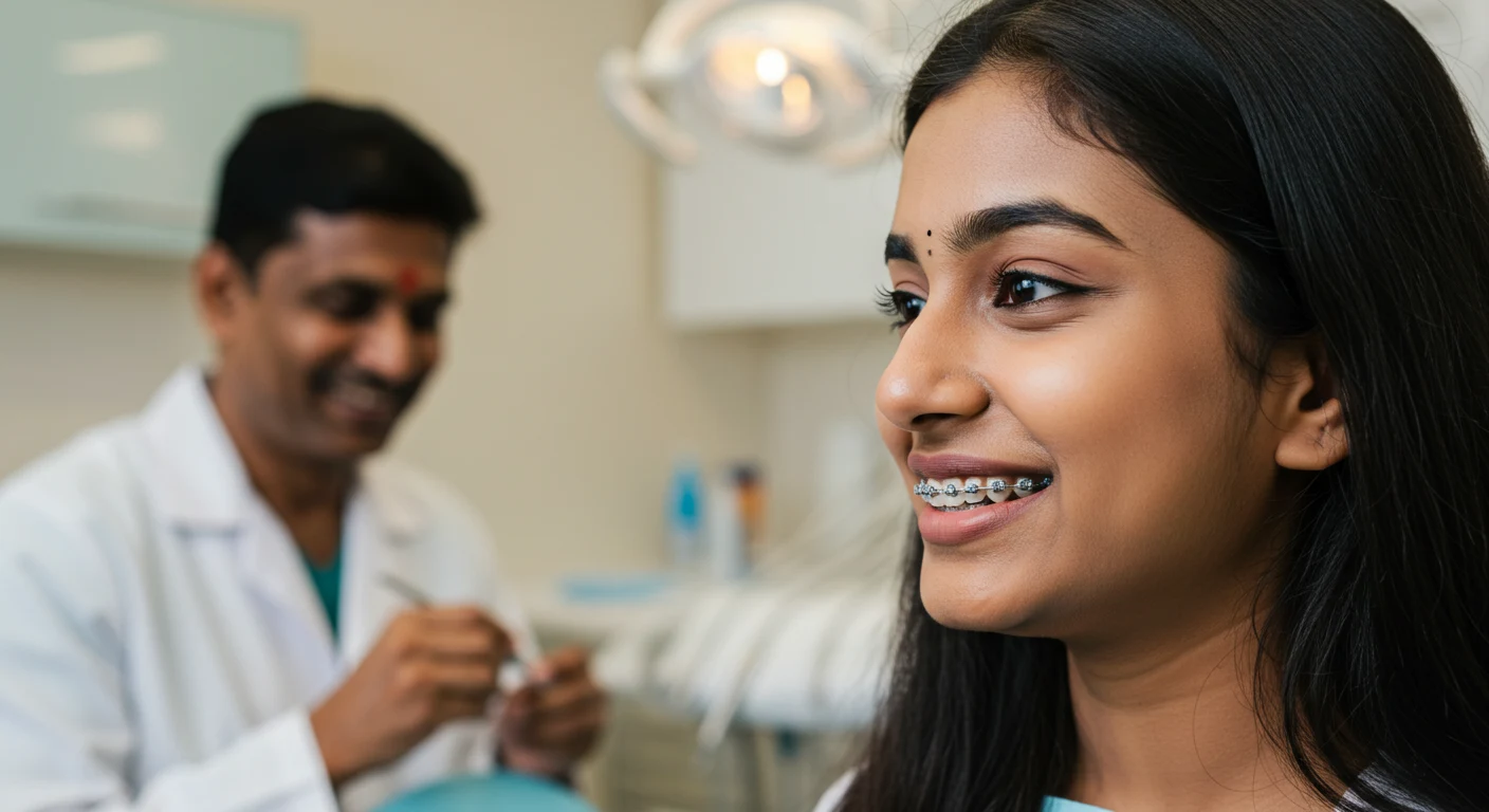 Close-up of a floss threader being used between braces
