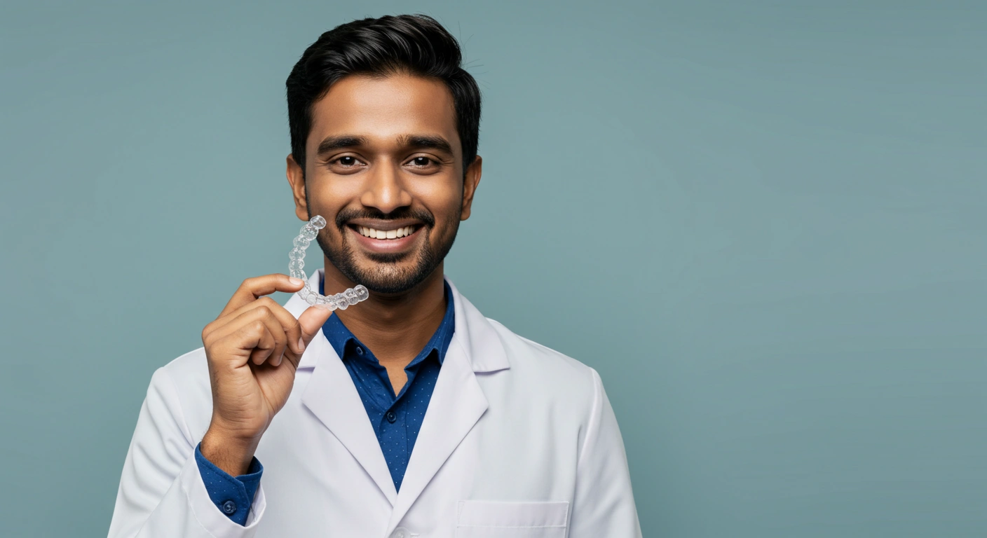 Indian adult holding and smiling with a clear aligner.
