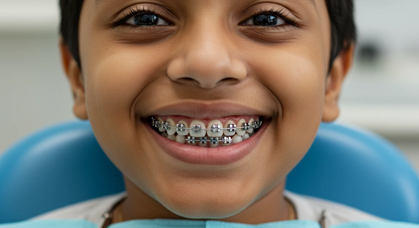 Indian child smiling with braces during orthodontic check-up in clinic.