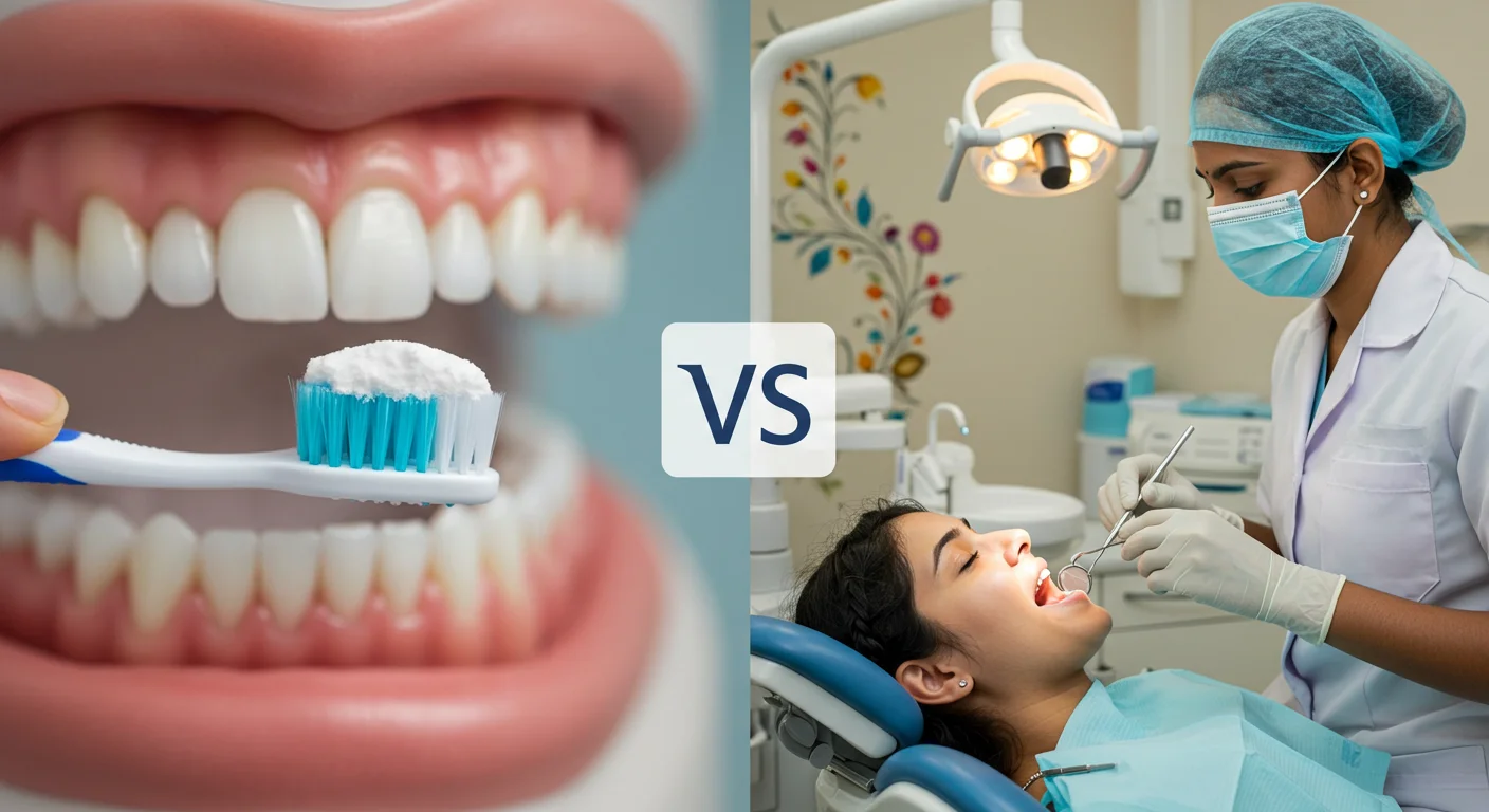 Split image of home dental care vs professional treatment
