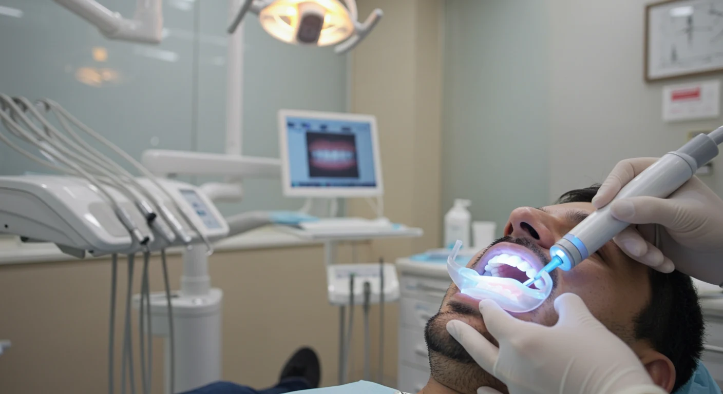 Patient receiving professional laser teeth whitening in a modern dental clinic for fast, visible results.
