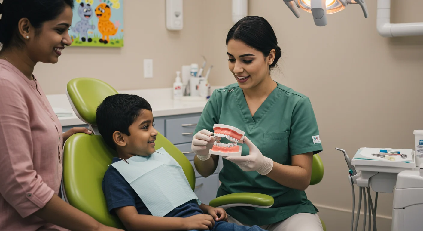 Child at dental clinic with dentist and parent nearby.
