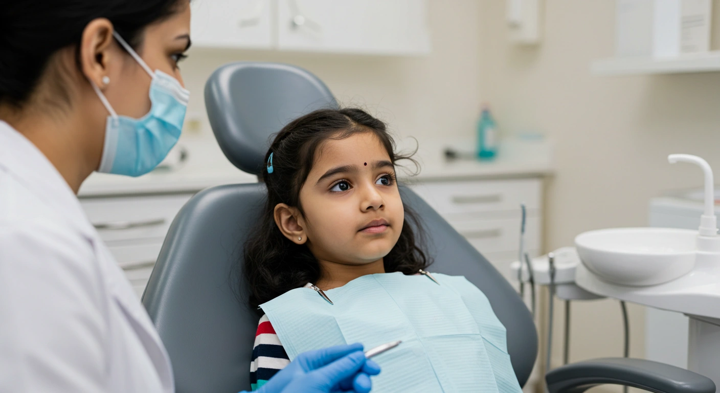 Child and parent at orthodontist consultation, dentist showing X-ray in a modern and friendly dental clinic.