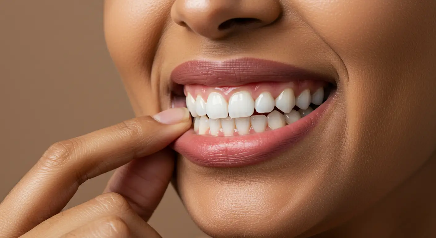 Close-up of a woman showing red, inflamed gums to highlight the importance of preventive gum care.