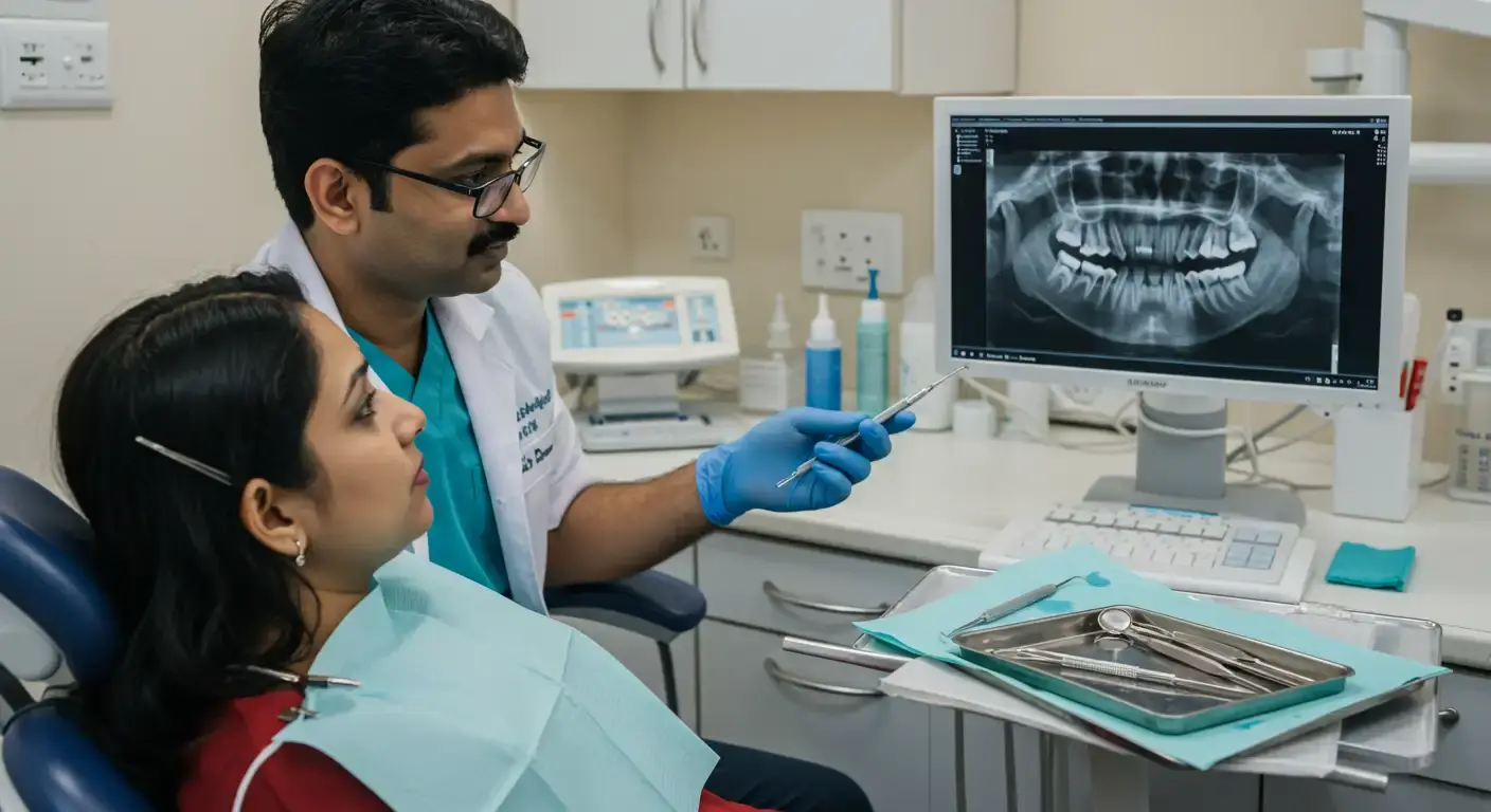 Periodontist explaining gum surgery with a 3D model to patient in advanced dental clinic.