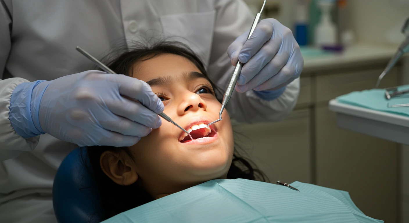 Indian dentist treating a young girl’s tooth in Ghatkopar East dental clinic.