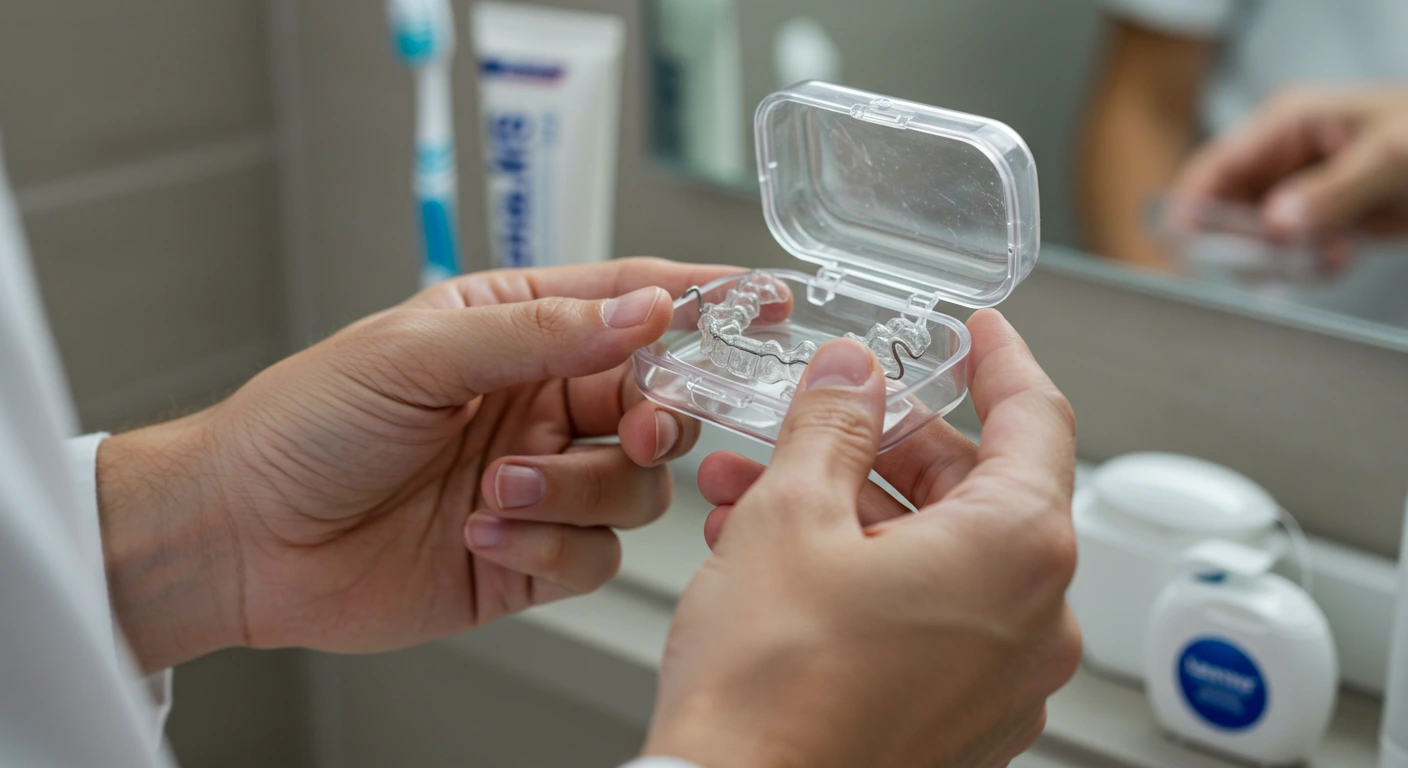Hands holding a clear retainer and case on a counter.