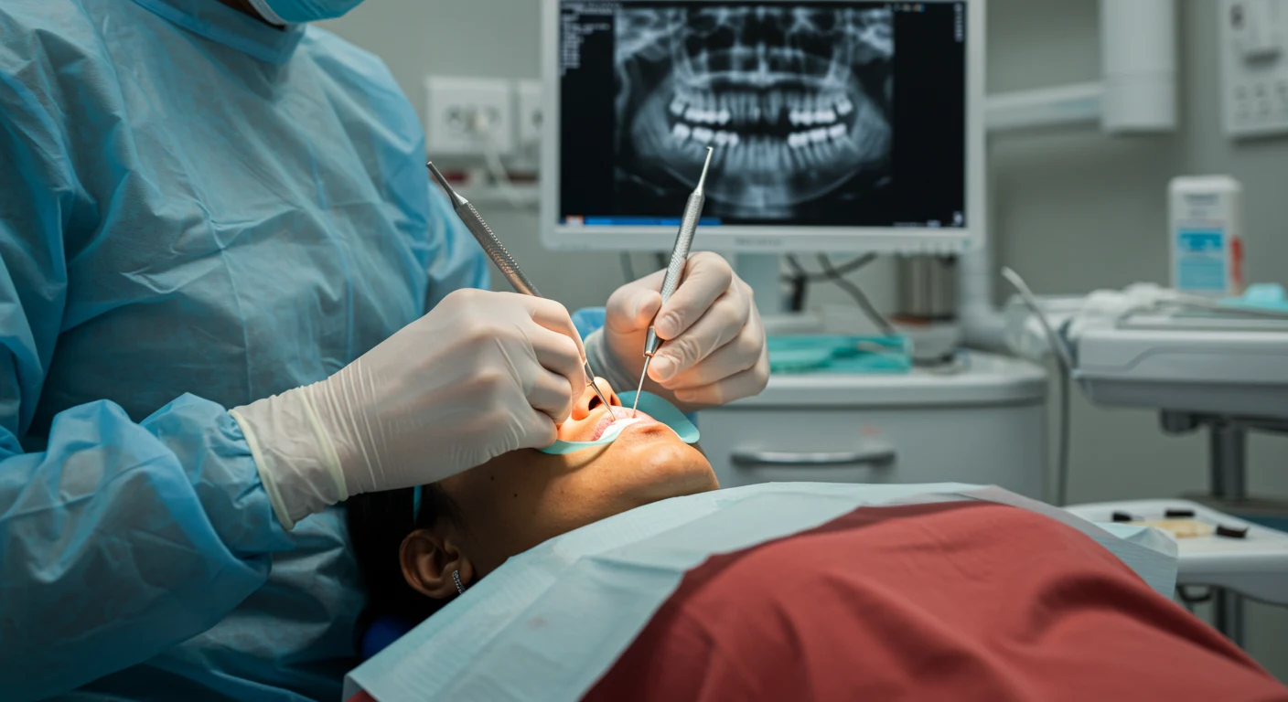 Dentist performing a dental procedure on a patient with tools, X-ray visible on monitor in modern dental clinic