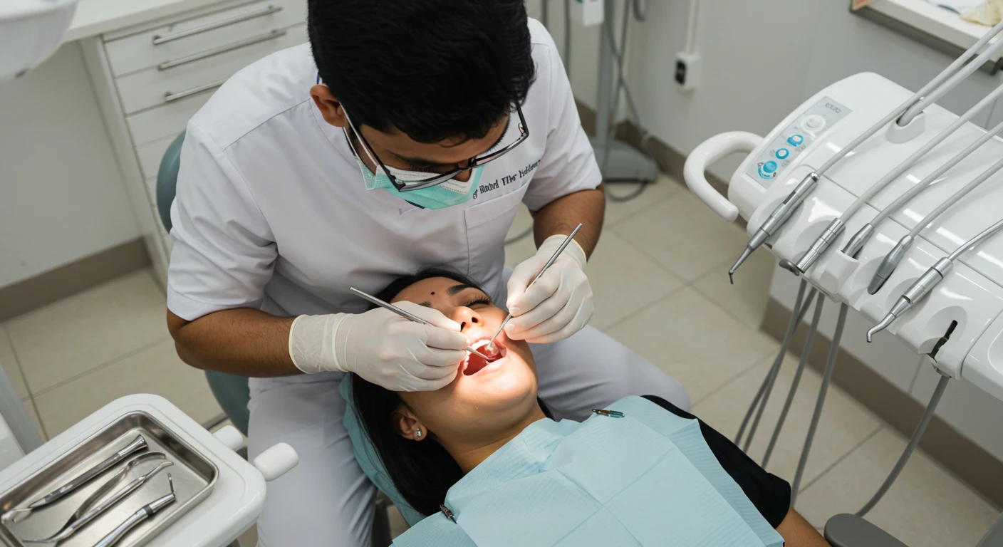 Tooth extraction procedure in a clean and modern Indian dental office