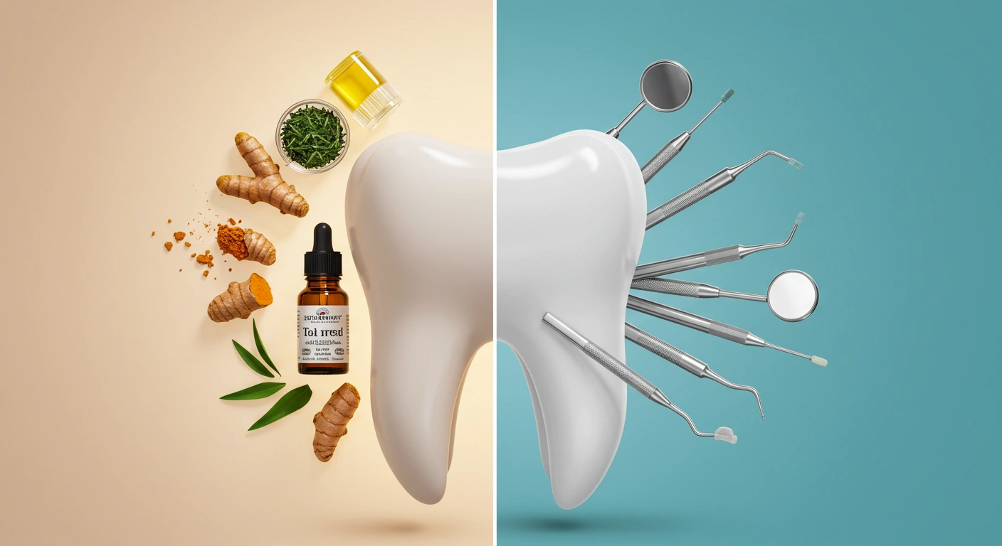 Tooth icon with two sides: home care items vs dentist tools