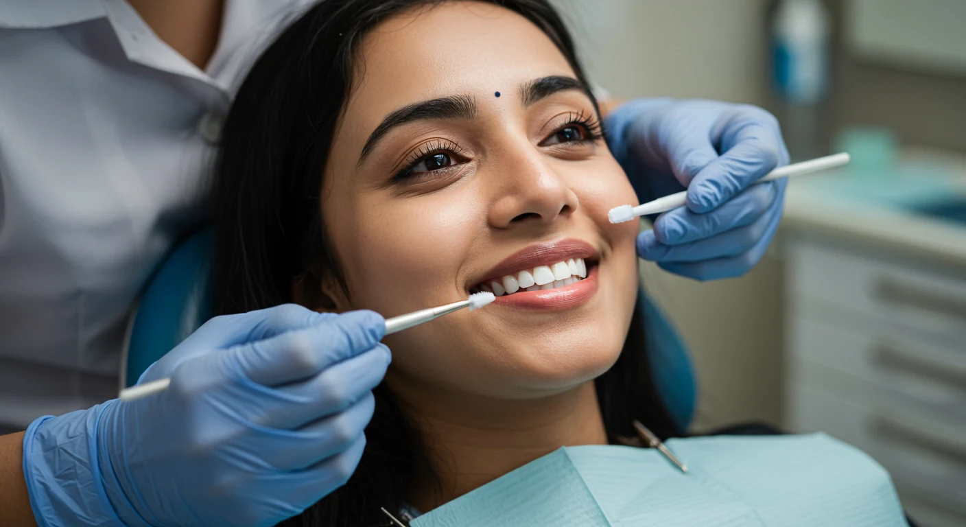 Close-up of a woman showing red, inflamed gums to highlight the importance of preventive gum care.