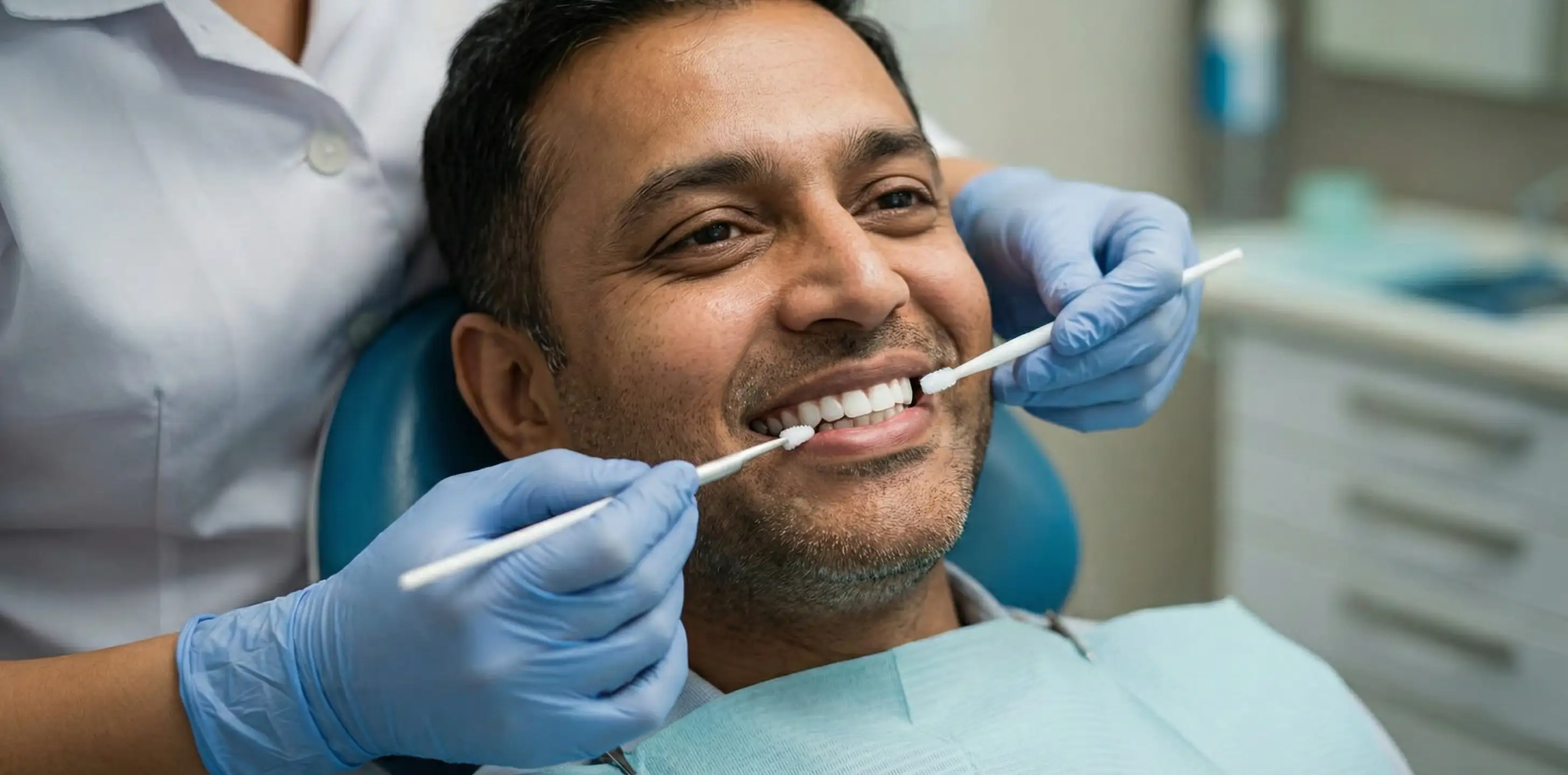 Gentle teeth whitening treatment being applied for a patient with sensitive teeth by a dental professional.