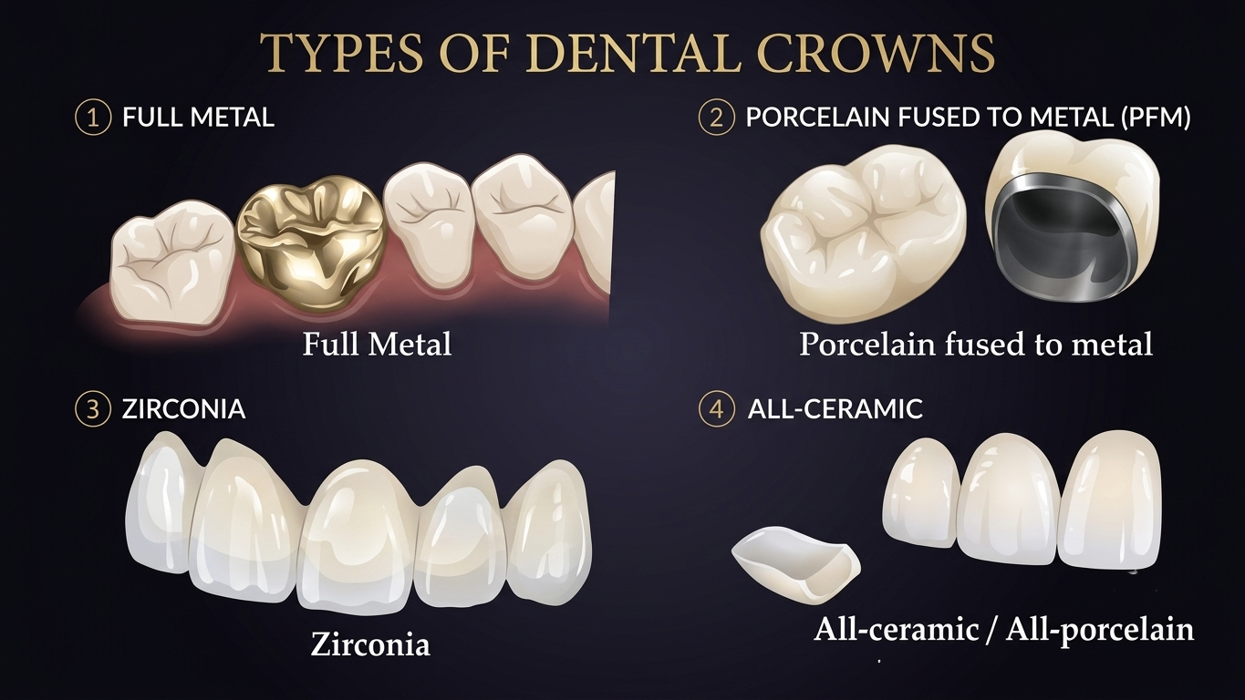 Diagram of the four main types of dental crowns: full metal, porcelain fused to metal, zirconia and all-ceramic